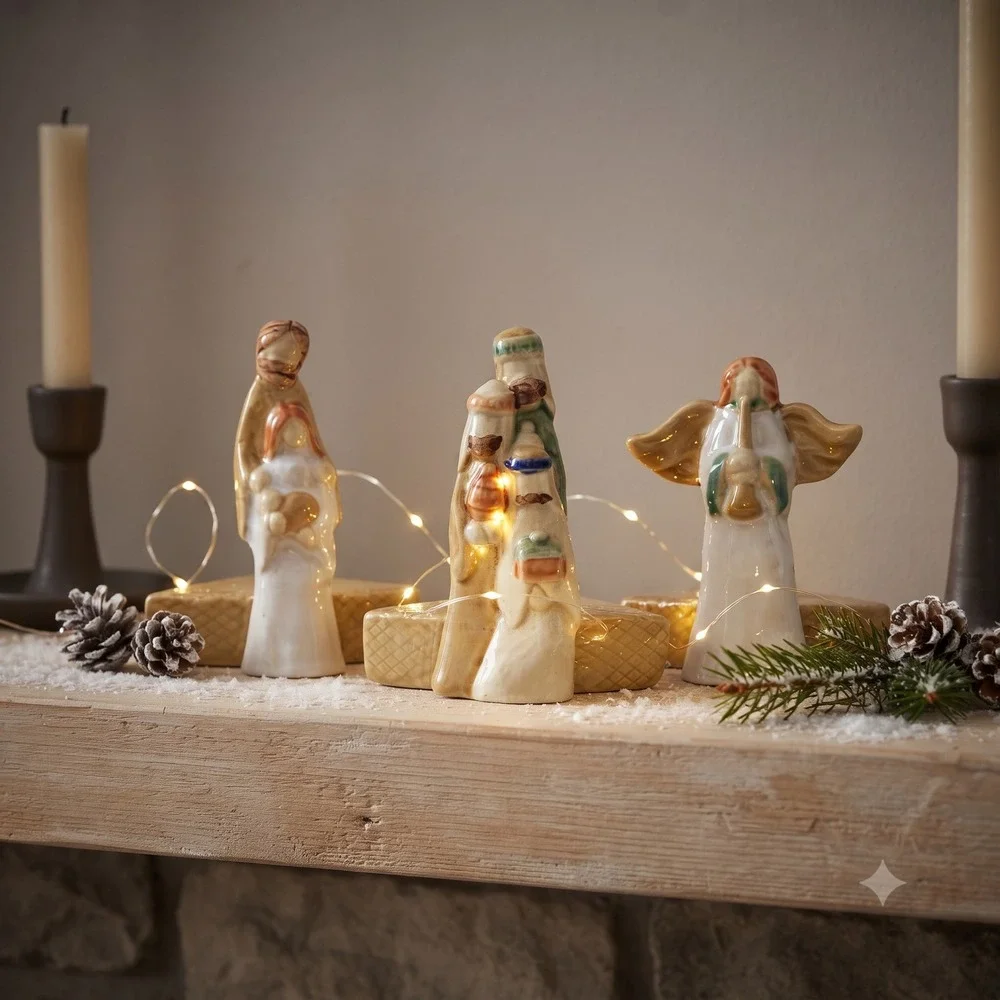 Vintage Ceramic Nativity Candle Holder Set 3pc Holy Family Wise Men Angel Decor